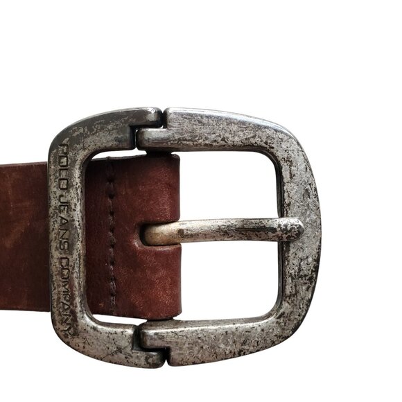 Vintage POLO Ralph Lauren Brown Leather Belt Split Buckle Design Engraved Sz M - Picture 3 of 11